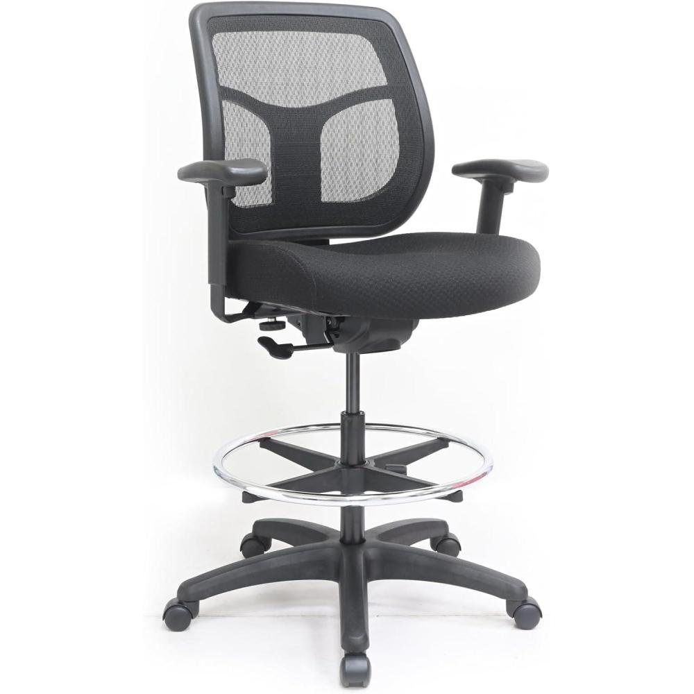 imageEurotech Seating Apollo Ergonomic Office Drafting Stool with TEMPUR Cushioned Seat Mesh Back and Foot Ring Swivel Executive Task Office Chair Black with TEMPURMaterialUpgraded Seat with Authentic TEMPURMaterial